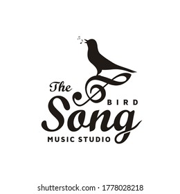 Vintage Singing Bird with Music Notes, Beautiful Melody with Music Notes for Song Vocal Logo Design Inspiration