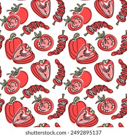 Vintage single line seamless pattern with drawing of organic red vegetables. Organic drawings. Vegan food concept isolated on white background in boho style