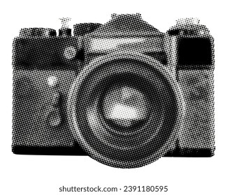 vintage single-lens reflex photo camera isolated on white background retro grunge halftone dotted cutout collage element for mixed media design crazy punk pop art style object photography technology