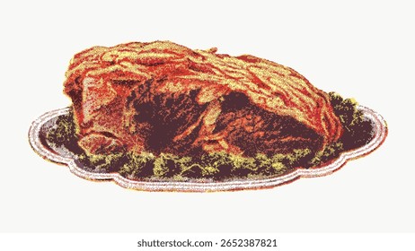 Vintage sirloin of beef dish design element, illustration isolated on white, vector. Vintage hand drawn food illustration, antique drawing, vector. Vintage food dish, meal illustration.