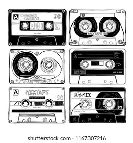 Vintage six different Audio Cassettes. Poster, card, t-shirt composition, hand drawn style print. Vector black and white illustration.