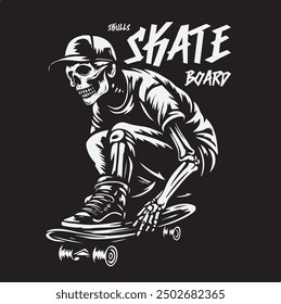 Vintage skateboard skull illustration for logo, patch and emblem needs