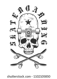 Vintage skateboarding badge with skull inscription crossed skateboards in monochrome style isolated vector illustration