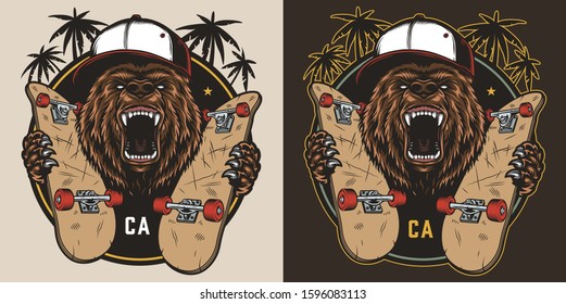 Vintage skateboarding colorful emblem with ferocious bear in baseball cap holding skateboards isolated vector illustration