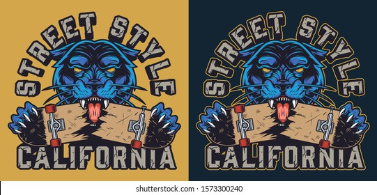 Vintage skateboarding colorful logotype with inscriptions and cruel angry black panther holding broken skateboard isolated vector illustration