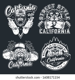 Vintage skateboarding emblems with inscriptions aggressive ferocious gorilla tiger bear black panther heads with skateboards in monochrome style isolated vector illustration