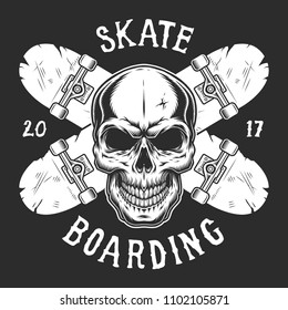 Vintage skateboarding logotype template with skull and crossed skateboards on dark background isolated vector illustration