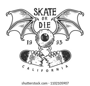 Vintage skateboarding logotype with winged eye holding broken longboard in monochrome style isolated vector illustration