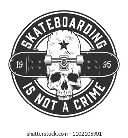 Vintage skateboarding monochrome label with skateboarder skull and skateboard in circle isolated vector illustration