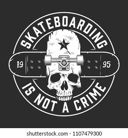 Vintage skateboarding monochrome round emblem with inscriptions skull and longboard isolated vector illustration