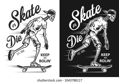 Vintage skateboarding poster with skeleton. Vector colour illustration