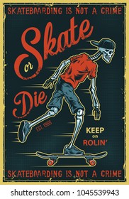 Vintage skateboarding poster with skeleton. Vector colour illustration