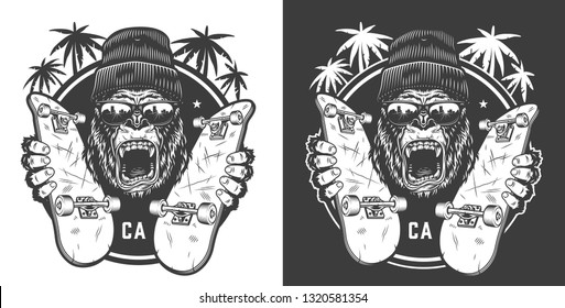 Vintage skateboarding summer logotype with ferocious gorilla in beanie hat and sunglasses holding skate boards isolated vector illustration