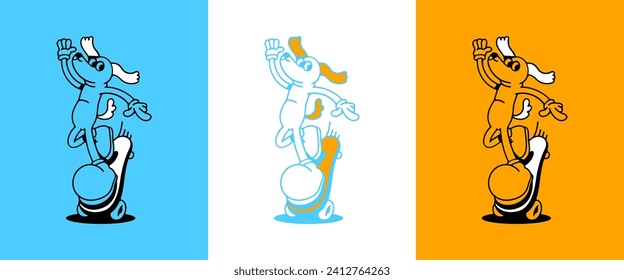 Ilustración del personaje de la caricatura del perro patinador de época. Cartel de moda de skate retro con mascota animal. Dibujo de huellas de deportes en el estilo de arte cómico de los años 90.