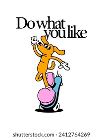 Vintage skater dog cartoon character illustration. Trendy retro skate board animal mascot typography poster. Street sport motivation quote print drawing in 90s comic art style.