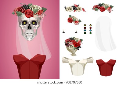 Vintage skeleton of bride with accessories set in low poly style. Clip art dress, flower wreath, veil, bouquet etc. Vector illustration