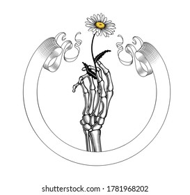 Vintage skeleton hand with flower. Vintage  emblem, label, badge, logo. Vintage engraving stylized drawing. Black and white tattoo symbol. Vector illustration