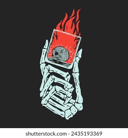Vintage Skeleton Hand Holding glass or cup Vector Illustration with black Background