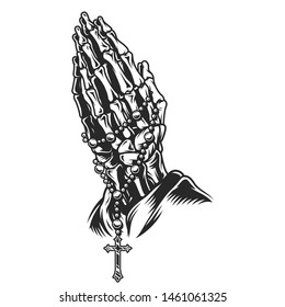 Vintage skeleton praying hands concept with rosary in monochrome style isolated vector illustration