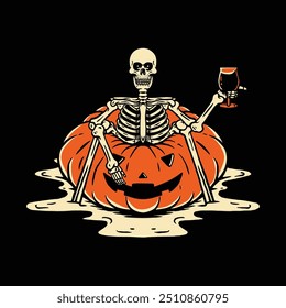 Vintage Skeleton Relaxing Inside a Halloween Pumpkin with a Glass Illustration Featuring a Creepy Yet Playful Theme