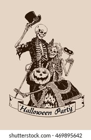 Vintage Skeletons With Pumpkin. Halloween Poster Party. Vector Illustration