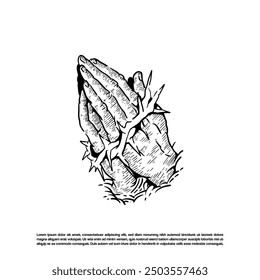 Vintage sketch art praying hand gesture with thorn vector art illustration