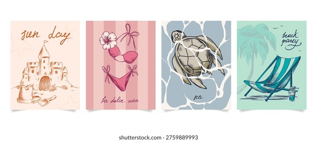 Vintage sketch beach postcards set with sand castle, bikini, turtle and striped chair. Vector illustration of tropical sea coast posters, summer paradise with retro hand drawn artworks, t-shirt prints