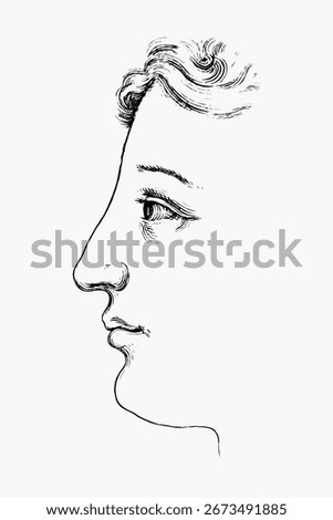 Vintage sketch of a classical profile. Elegant lines depict a timeless face. Artistic, classical, and vintage design. Detailed profile in a classic sketch style. Vintage illustration, vector.