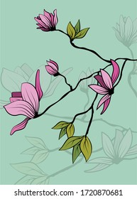 Vintage sketch closeup of pink magnolia branch with leaves on green background for decorative design. Vector romantic floral illustration. Spring background. Hand drawn illustration