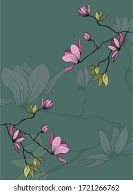 Vintage sketch closeup of pink magnolia branch with leaves on green background for decorative design. Vector romantic floral illustration. Spring background. Hand drawn illustration