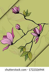 Vintage sketch closeup of pink magnolia branch with leaves on green background for decorative design. Vector romantic floral illustration. Spring background. Hand drawn illustration
