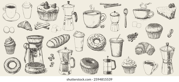 Vintage sketch of coffee elements and pastries, showcasing classic cafe and bakery items