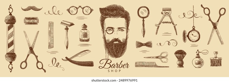 Vintage sketch collection for Barbershop. Man's head with a beard, tools, razors, scissors. Hand-drawn. Vintage brown and beige old design. Line graphics.