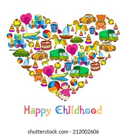 Vintage sketch colored kids toys in heart shape happy childhood concept vector illustration.