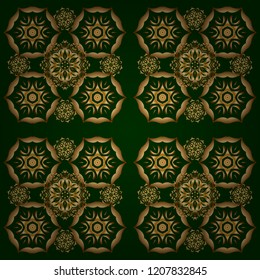 Vintage sketch. Elegant retro vector seamless pattern. Golden pattern on a green background.