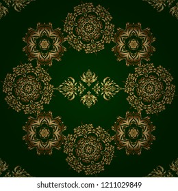 Vintage sketch. Elegant retro vector seamless pattern. Golden pattern on a green background.