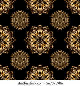 Vintage sketch. Elegant retro vector seamless pattern. Golden pattern on a black background.