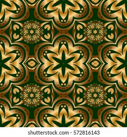 Vintage sketch. Elegant retro vector seamless pattern. Golden pattern on a green background.