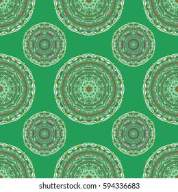 Vintage sketch. Elegant retro vector seamless pattern. Multicolored pattern on a green background.