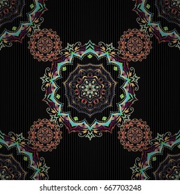 Vintage sketch. Elegant retro vector seamless pattern. Blue, beige and green pattern on a black background.