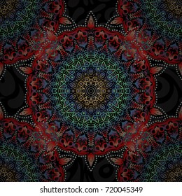 Vintage sketch. Elegant retro vector seamless pattern. Green and brown pattern on a black background.