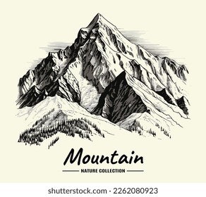 Vintage Sketch Engraved Mountain Illustration with Rocky Terrain and Snowy Peaks. Detailed hand drawn vector.