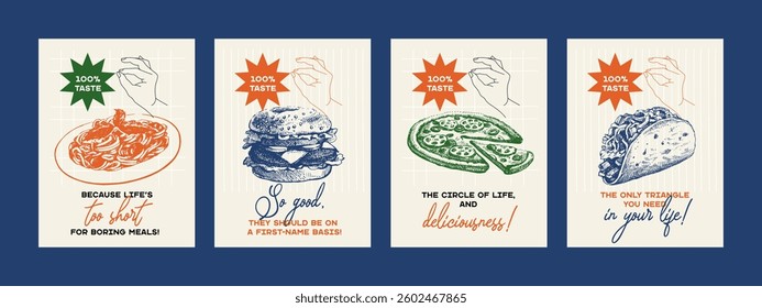 Vintage sketch fast food poster set. Perfect for menu design, restaurant interior and packaging ads. Hand drawn illustrations. Not AI generation