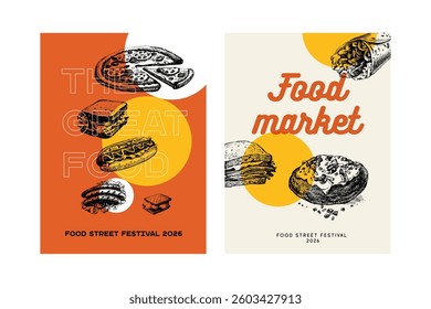 Vintage sketch fast food poster set. Perfect for menu design, restaurant interior and packaging ads. Hand drawn vector illustrations. Not AI generation