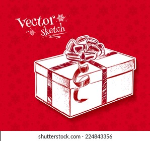 Vintage sketch of gift box on red background. Vector illustration.