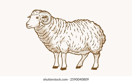 Vintage sketch hand drawing of sheep, rams, goat, lamb isolated vector design.