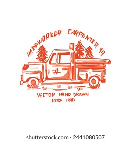 Vintage sketch hand drawn classic truck pick up with log wooden in forest vector illustration