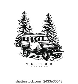 Vintage sketch hand drawn extreme 4x4 car sport in the forest logo design vector