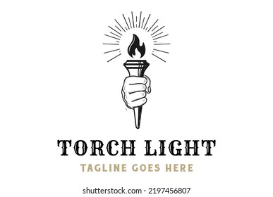 Vintage Sketch Hand hold Torch Fire Flame Light for Sport Event Logo Design Vector