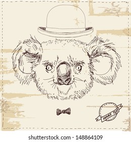 Vintage sketch  illustration of koala bear in hat in vector